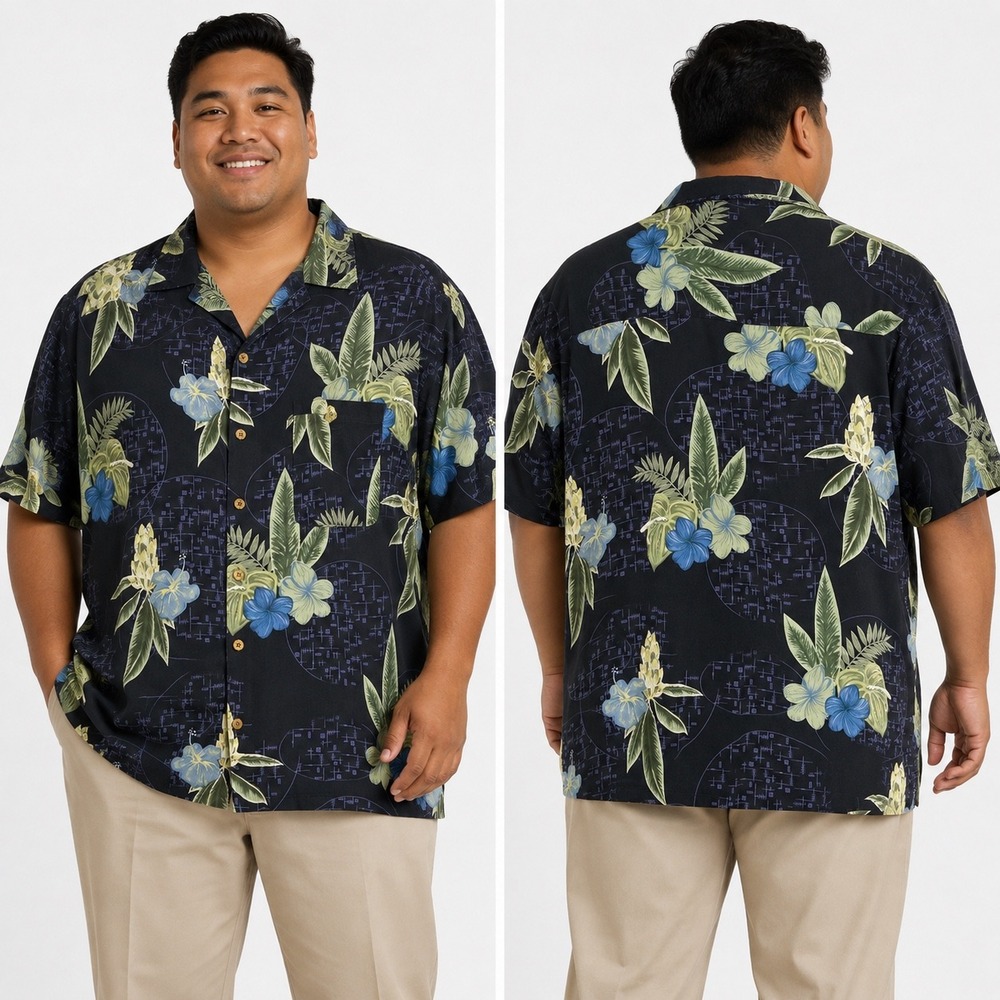Island Republic Silk Floral Hawaiian Shirt Mens XL Black Blue Vintage 90s Camp